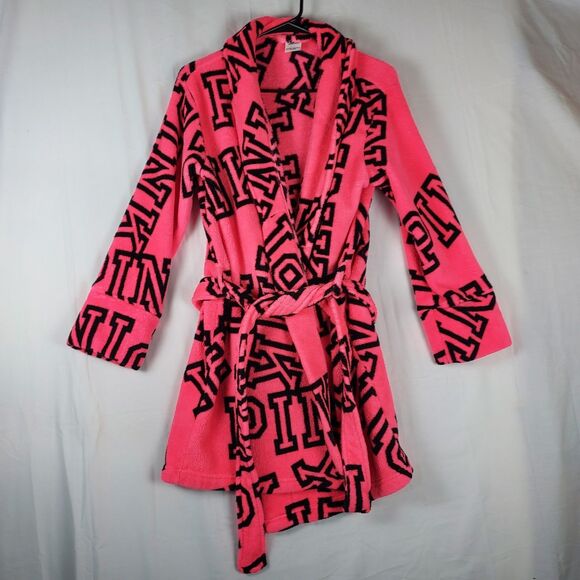 Victoria's Secret Other - Victoria’s Secret PINK Robe XS/S Logo Plush Hot Pink Black Belted Fleece Sleepwe